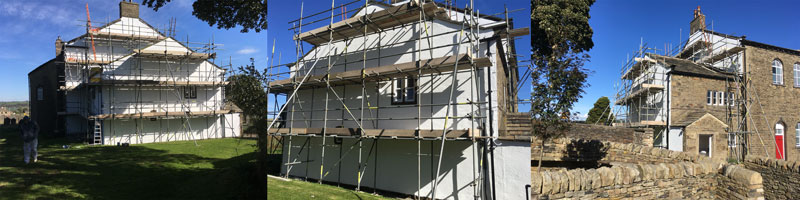 Photos showing the scaffolding for the render painting